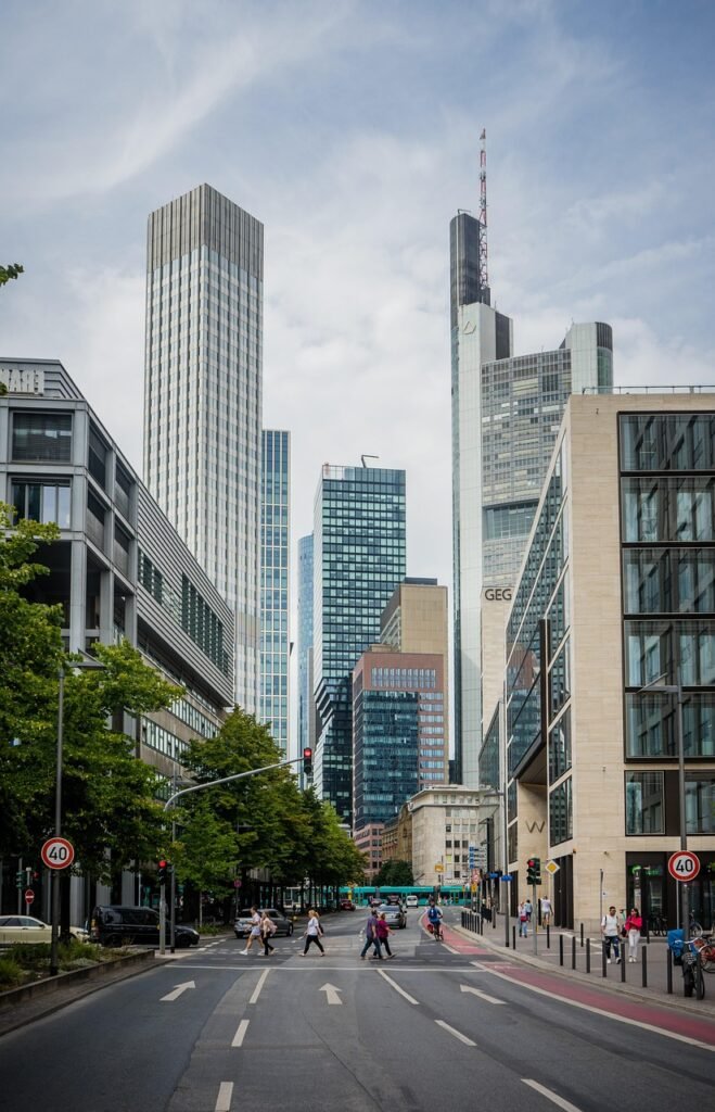 germany, city, skyscrapers, frankfurt, frankfurt am main, skyline, urban, europe, buildings, road, financial center, finance